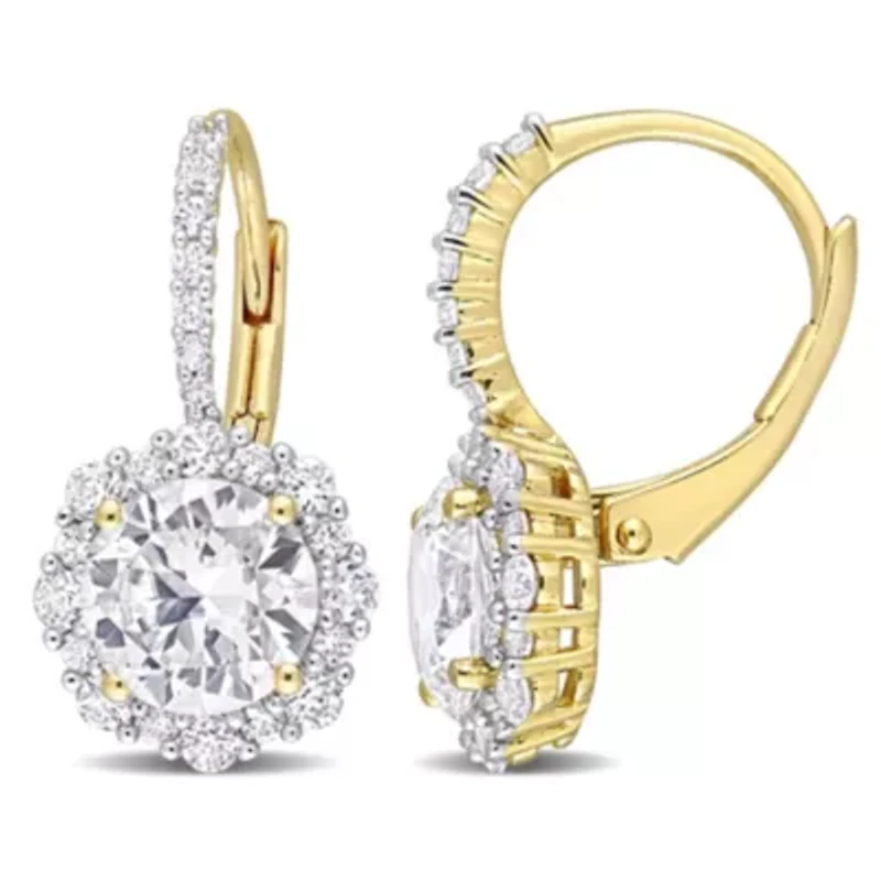 Lab Created 4 CT TGW Created White Sapphire Halo Leverback Earrings in Yellow Plated Sterling Silver