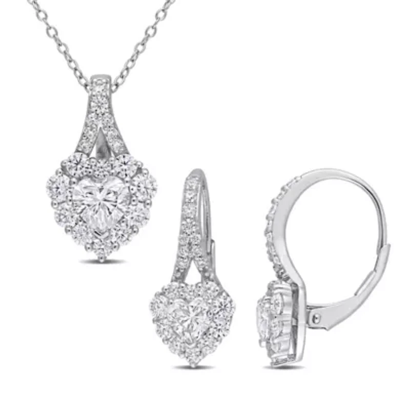 Lab Created 4 CT DEW Created Moissanite Heart Halo Leverback Earrings and Pendant with Chain 2-piece Set in Sterling Silver
