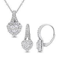 Lab Created 4 CT DEW Created Moissanite Heart Halo Leverback Earrings and Pendant with Chain 2-piece Set in Sterling Silver