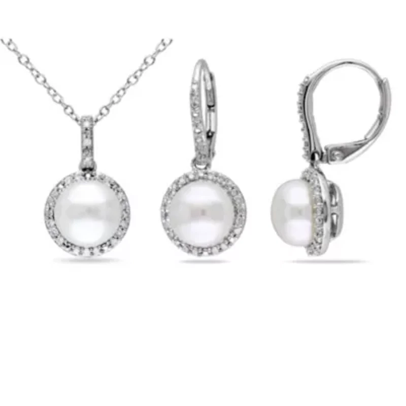 2-Piece Set of 8-8.5MM Freshwater Cultured Pearl and 1/3 ct. t.w. Diamond Earrings and Pendant with Chain in Sterling Silver
