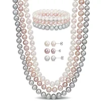 9-Piece Set of 7.5-8MM Multi-Color Freshwater Cultured Pearl Necklace, Bracelet and Earrings in Sterling Silver