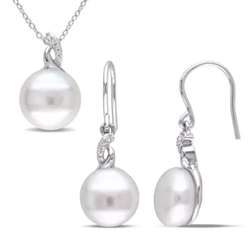 2-Piece Set of 10.5-12.5MM Freshwater Cultured Pearl and 1/10 ct. t.w. Diamond Earrings and Pendant with Chain in Sterling Silver