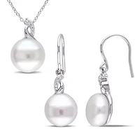 2-Piece Set of 10.5-12.5MM Freshwater Cultured Pearl and 1/10 ct. t.w. Diamond Earrings and Pendant with Chain in Sterling Silver