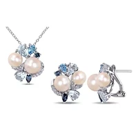 2-Piece Set of 6-8MM Freshwater Cultured Pearl and 4.83 ct. t.g.w. Created White Sapphire, Sky, Swiss and London Blue Topaz Earrings and Pendant with Chain in Sterling Silver