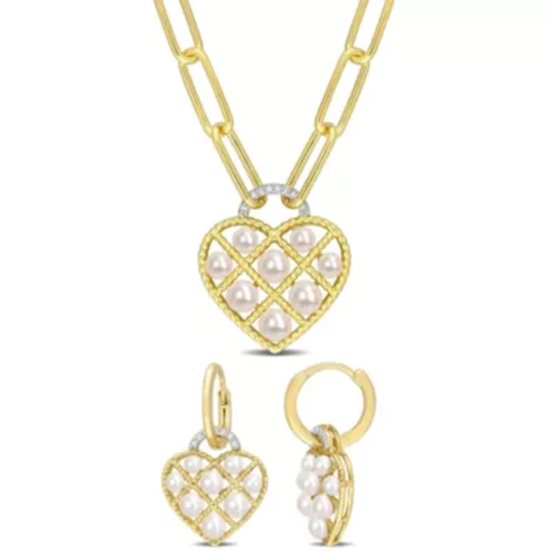 2-Piece Set of 2.5-5MM Freshwater Cultured Pearl and 1/10 ct. t.w. Diamond Earrings and Pendant with Chain in Yellow Plated Sterling Silver