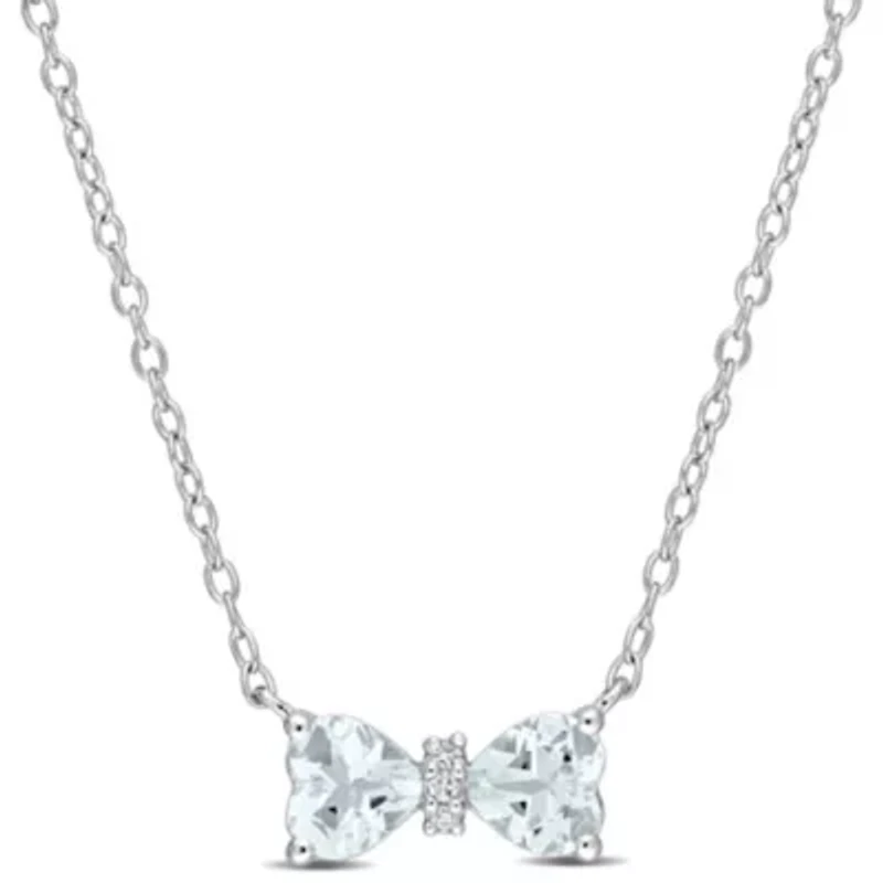 Aquamarine and 1/10 ct. t.w. Diamond Bow Necklace with Chain in Sterling Silver