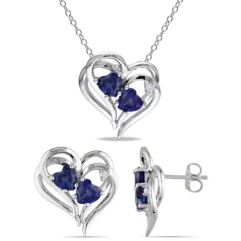 Lab Created 2-Piece Set of 3.40 ct. t.g.w. Created Blue Sapphire and 1/10 ct. t.w. Diamond Heart Earrings and Pendant with Chain in Sterling Silver