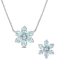 2-Piece Set of 4.55 ct. t.g.w. Aquamarine and 1/10 ct. t.w. Diamond Floral Earrings and Pendant with Chain in 14K White Gold