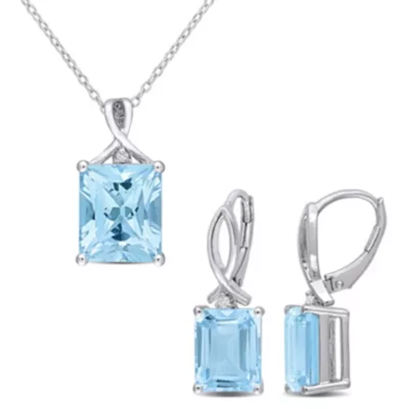 2-Piece Set of 15.75 ct. t.g.w. Sky Blue Topaz and White Topaz Solitaire Earrings and Pendant with Chain in Sterling Silver