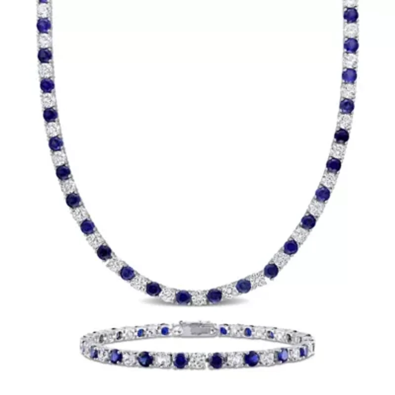 Lab Created 2-Piece set of 47.20 ct. t.g.w. Created Blue and White Sapphire Tennis Bracelet and Necklace in Sterling Silver