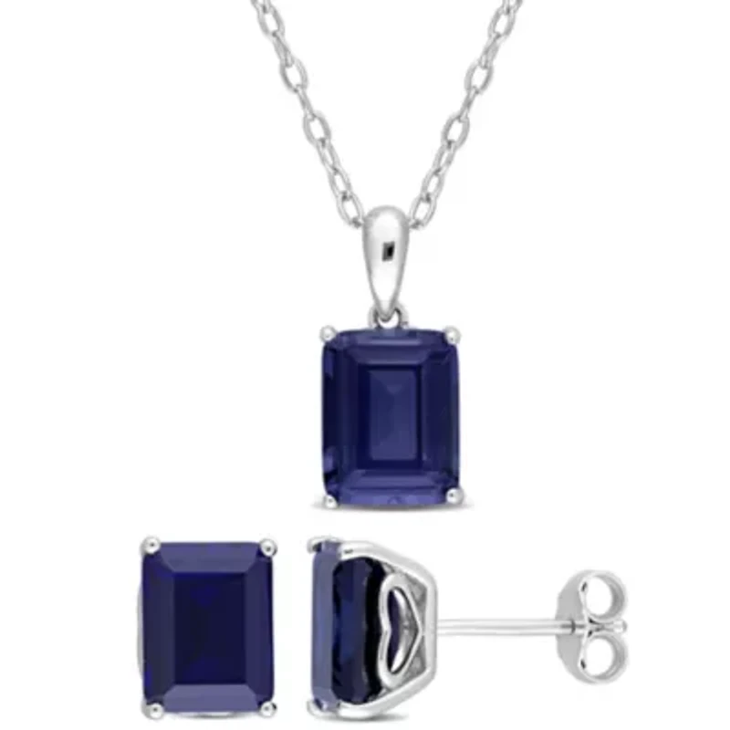 Lab Created 2-Piece Set of 8.6 ct. t.g.w. Created Blue Sapphire Solitaire Earrings and Pendant with Chain in Sterling Silver