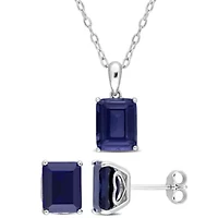 Lab Created 2-Piece Set of 8.6 ct. t.g.w. Created Blue Sapphire Solitaire Earrings and Pendant with Chain in Sterling Silver