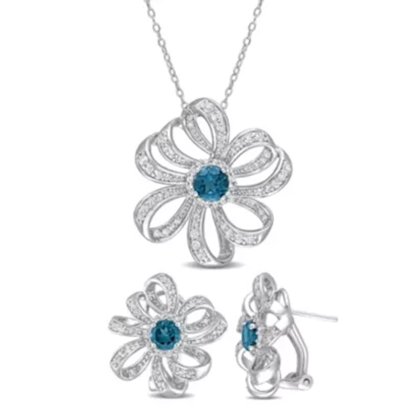 2-Piece Set of 4.15 ct. t.g.w. London Blue Topaz and White Topaz Earrings and Pendant with Chain in Sterling Silver