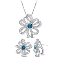 2-Piece Set of 4.15 ct. t.g.w. London Blue Topaz and White Topaz Earrings and Pendant with Chain in Sterling Silver