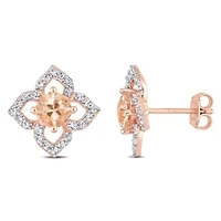Morganite White Topaz Floral Stud Earrings in Rose Plated Sterling Silver