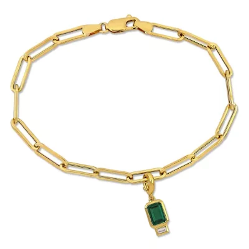 Lab Created Created Emerald and Created White Sapphire Oval Link Charm Bracelet in Yellow Plated Sterling Silver