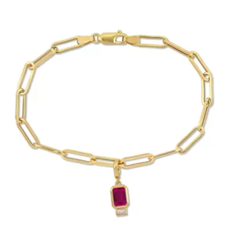 Lab Created Created Ruby and Created White Sapphire Oval Link Charm Bracelet in Yellow Plated Sterling Silver