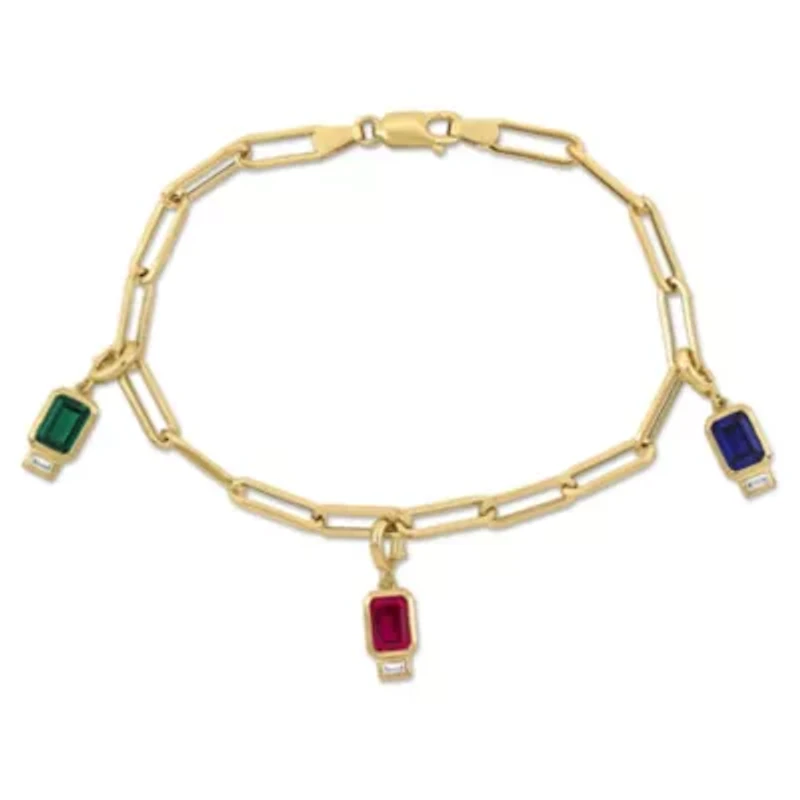 Lab Created Created Emerald, Created Ruby, Created Blue and Created White Sapphire Oval Link Charm Bracelet in Yellow Plated Sterling Silver