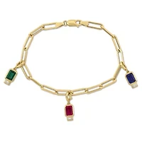 Lab Created Created Emerald, Created Ruby, Created Blue and Created White Sapphire Oval Link Charm Bracelet in Yellow Plated Sterling Silver
