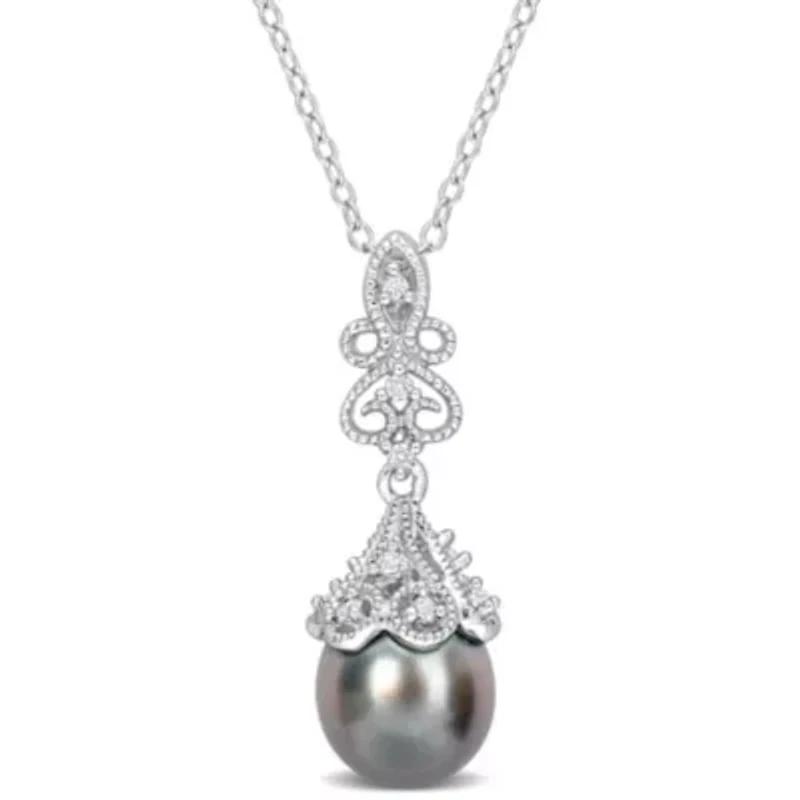 Tahitian Cultured Pearl and White Topaz Drop Pendant with Chain in Sterling Silver