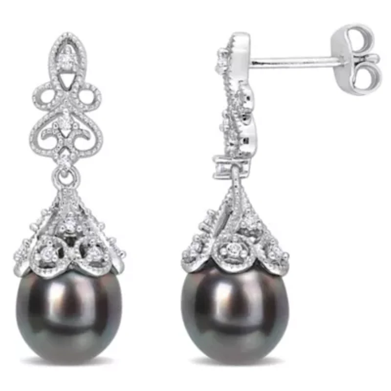 Black Tahitian Cultured Pearl and White Topaz Post Earrings in Sterling Silver