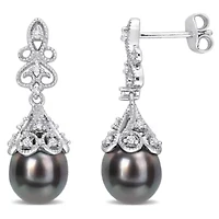 Black Tahitian Cultured Pearl and White Topaz Post Earrings in Sterling Silver