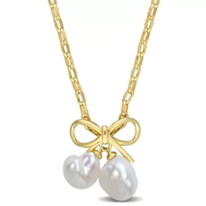 Freshwater Cultured Pearl Bow Pendant with Chain in Yellow Plated Sterling Silver
