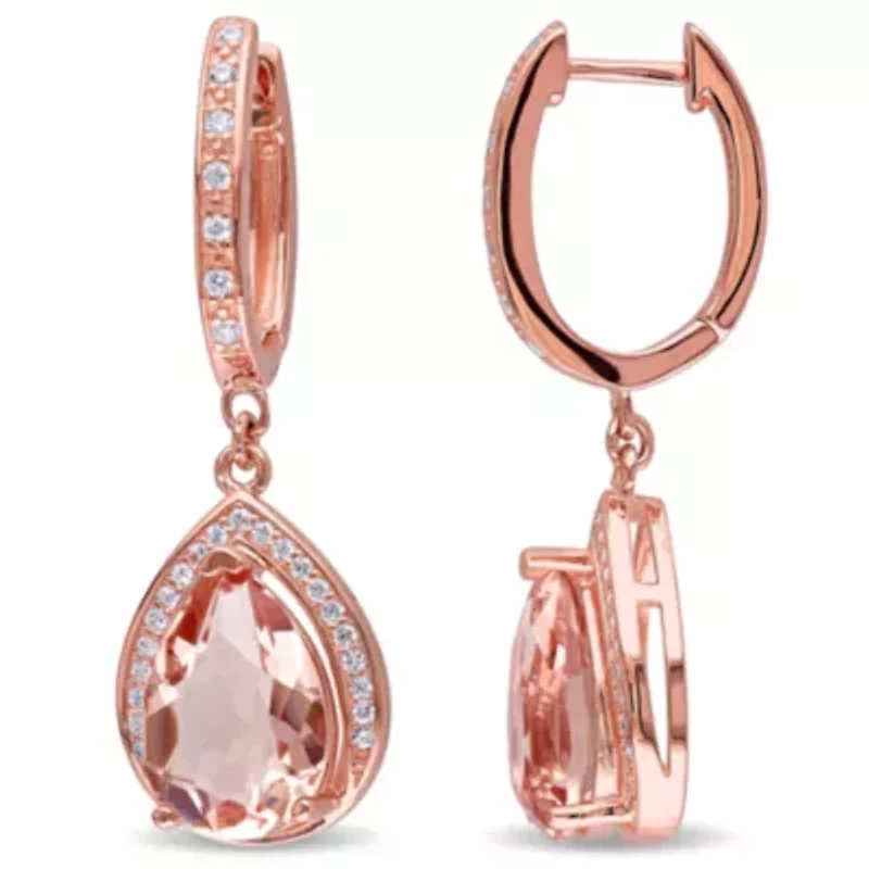 Simulated Morganite and Cubic Zirconia Halo Drop Earrings in Rose Plated Silver
