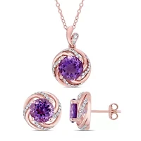 2 Piece Set of Diamond & Amethyst & White Topaz Earrings & Pendant With Chain in Rose Plated Sterling Silver, 18"