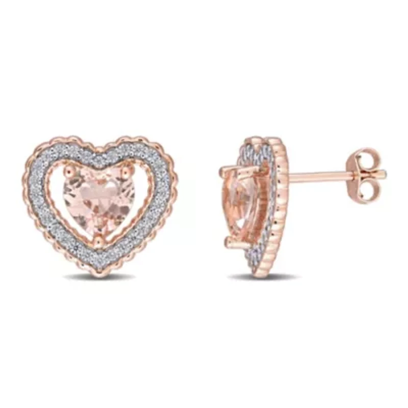 Simulated Morganite and Cubic Zirconia Heart Earrings in Rose Plated Sterling Silver