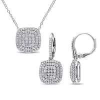 2-Pc Set of 1.44 ct. t.w. Diamond Halo Earrings & Pendant with Chain in Sterling Silver