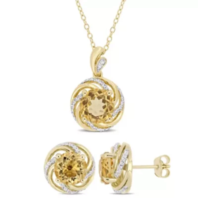 2-Pc Set of Citrine & White Topaz with Diamond Accent Swirl Earrings & Pendant with Chain in Yellow Plated Sterling Silver