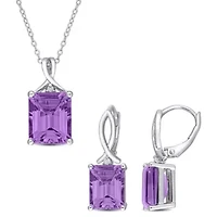 2-Pc Set of Amethyst & White Topaz Twisted Solitaire Earrings & Pendant with Chain in Sterling Silver