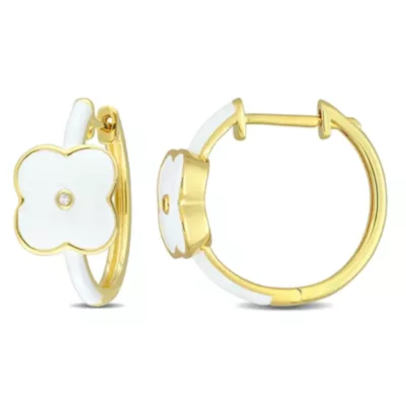 Lab Created Created White Sapphire Floral White Enamel Hoop Earrings in Yellow Plated Sterling Silver