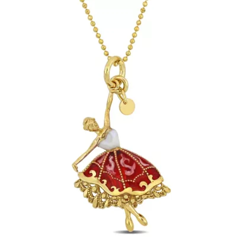 Red and White Enamel Dancer Necklace in Yellow Plated Sterling Silver