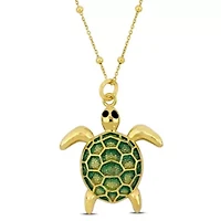 Green Enamel Tortoise Charm Station Necklace in Yellow Plated Sterling Silver