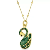 Green Enamel Swan Necklace in Yellow Plated Sterling Silver