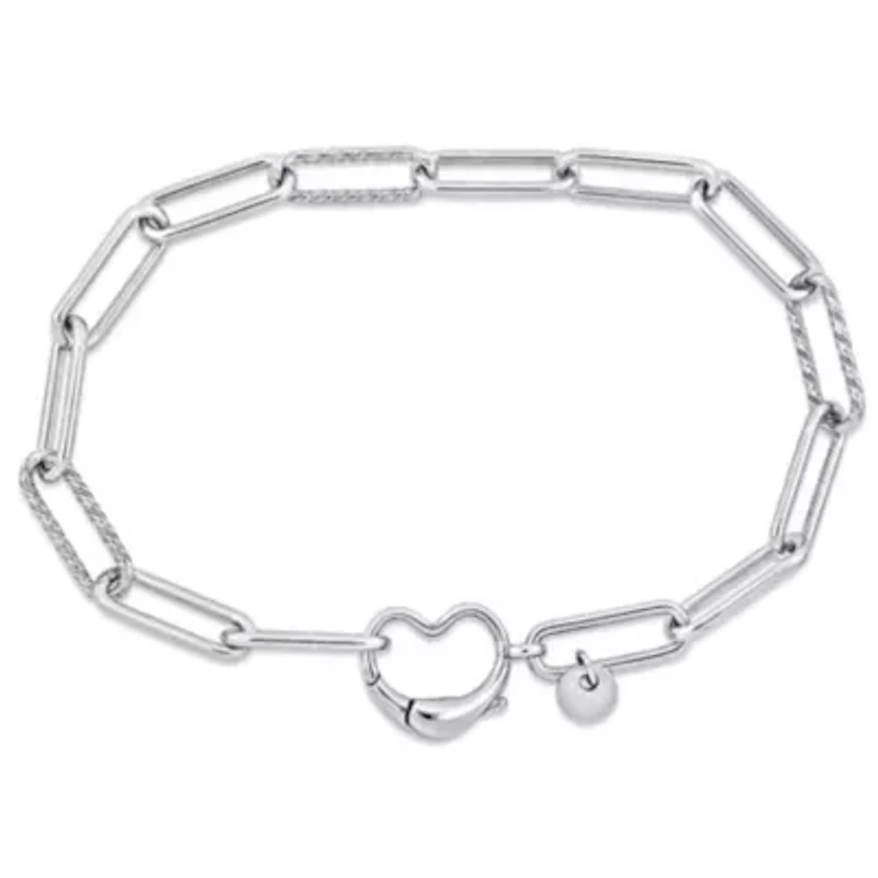 Paper Clip Link Bracelet with Heart Clasp in Sterling Silver - 7"