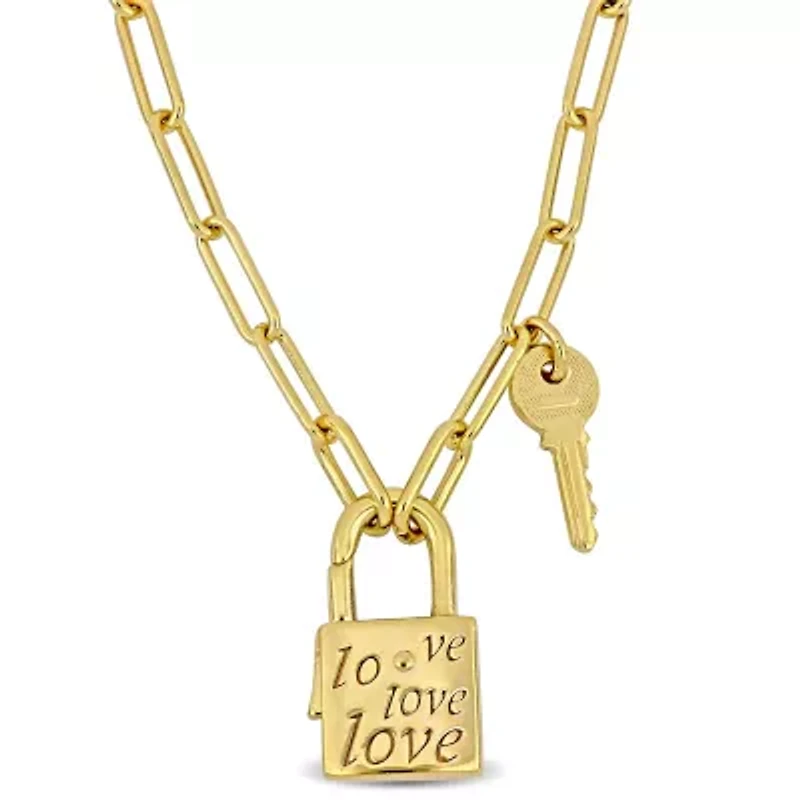 Paper Clip Link Necklace with Lock & Key Clasp in Yellow Plated Sterling Silver - 18"