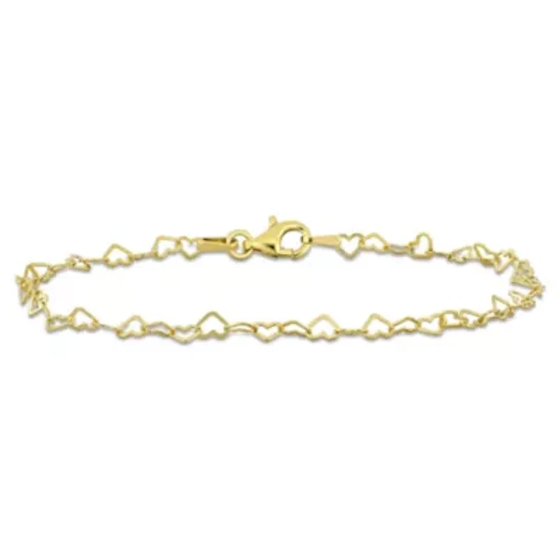 3MM Heart Link Bracelet in Yellow Plated Sterling Silver - 9"