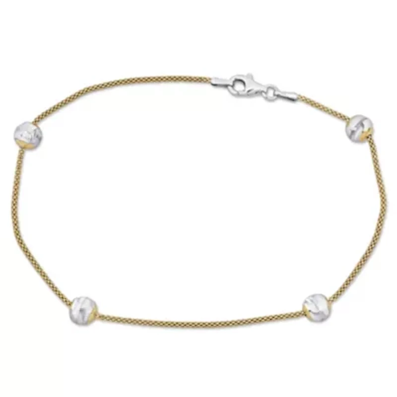 6MM Ball Station Chain Anklet in 2-Tone Sterling Silver