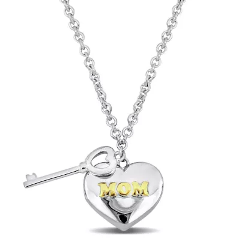 Heart & Key Charm "Mom" Necklace in 18k Yellow Gold Plated & White Sterling Silver