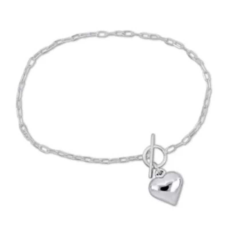Heart Charm Oval Link Chain Bracelet in Sterling Silver