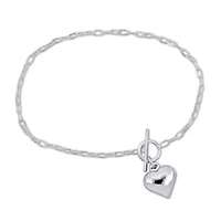Heart Charm Oval Link Chain Bracelet in Sterling Silver
