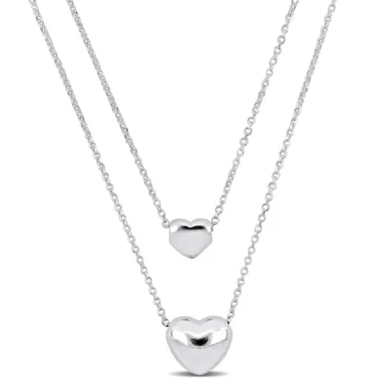 2 Hearts Double Strand Charm Necklace in Sterling Silver