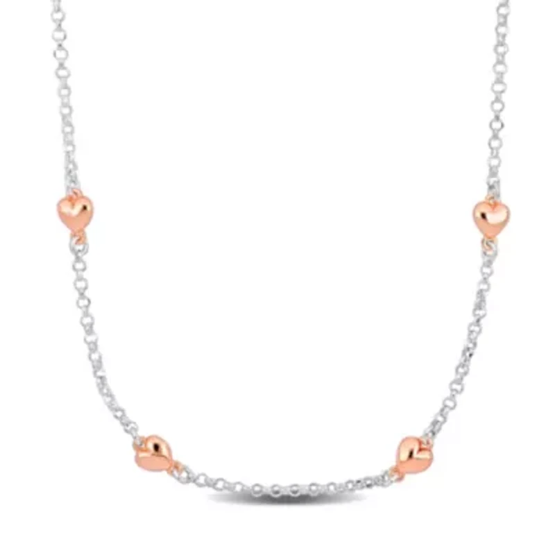 Heart Charm Rolo Chain Necklace in 2-Tone Rose Plated & White Sterling Silver