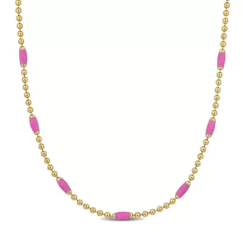 Pink Enamel Ball Link Necklace in Yellow Plated Sterling Silver