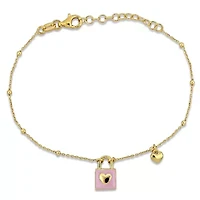 Lock & Heart Charm Cable and Bead Chain Bracelet in Yellow Plated Sterling Silver