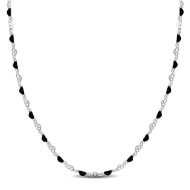 Black Enamel Bead Heart Link Station Necklace in Sterling Silver