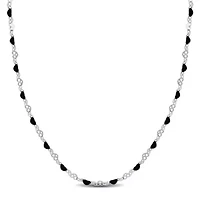 Black Enamel Bead Heart Link Station Necklace in Sterling Silver